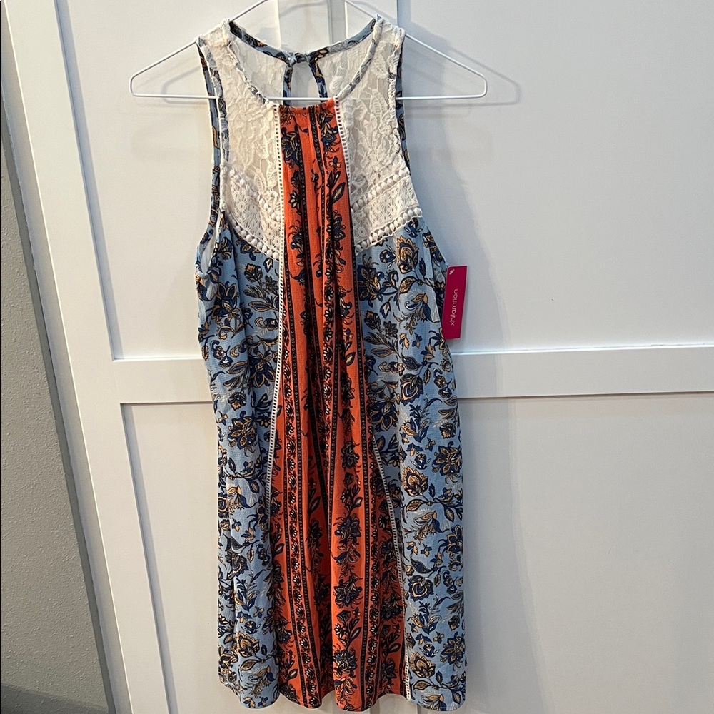 Xhilaration Orange and Blue Floral Dress with Lace